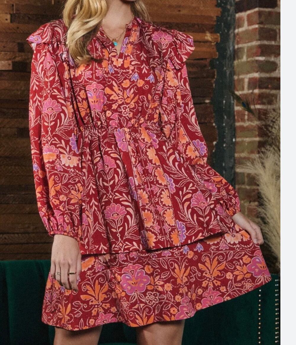 Floral Boho Mini Dress Womens 1XL NWT Red Tiered Long Sleeve Cottagecore Prairie